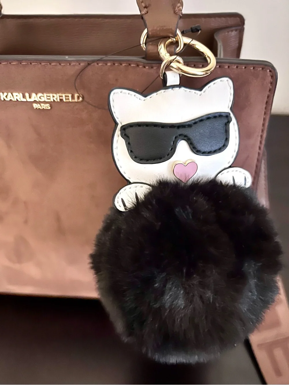 Karl Lagerfeld Brown Faux Suede & Leather Satchel/Crossbody with Choupette Pom